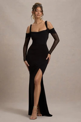 Milana | Black Square-Neck Draped Wrap Maxi Dress With Long Sleeves | Club L London