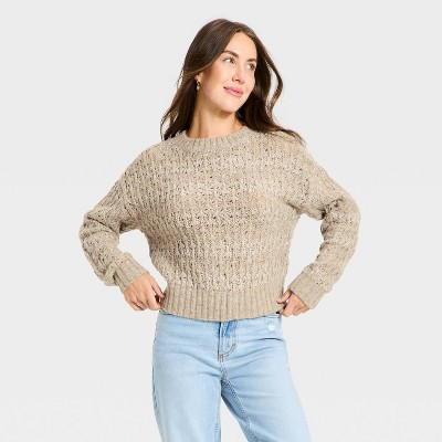 Women's Openwork Slub Crewneck Pullover Sweater - Universal Thread™ Brown Striped XL | Target