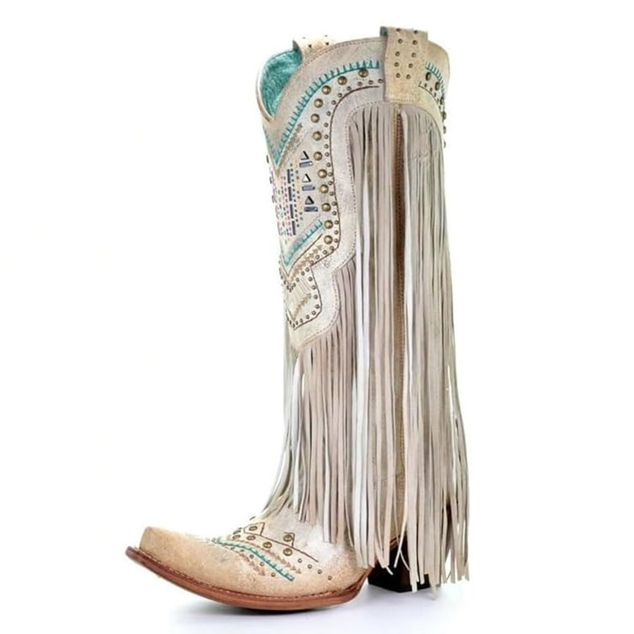 LISHAN Women's Western Cowboy Cowgirl Boots Fringed Tassel Block Heels Embroidered Calf High Boot... | Amazon (US)