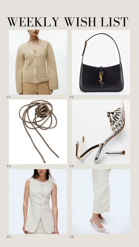 On my wish list this week… 👛
Spring outfits | Khaite cardigan dupe | Yves Saint Laurent designer bag | Rose belt | Silver and gold dancing shoes | Long buttoned waistcoat | Maxi skirt | pinstripe | Wedding outfit | Races Ascot outfit | Capsule wardrobe 

#LTKitbag #LTKshoecrush #LTKstyletip