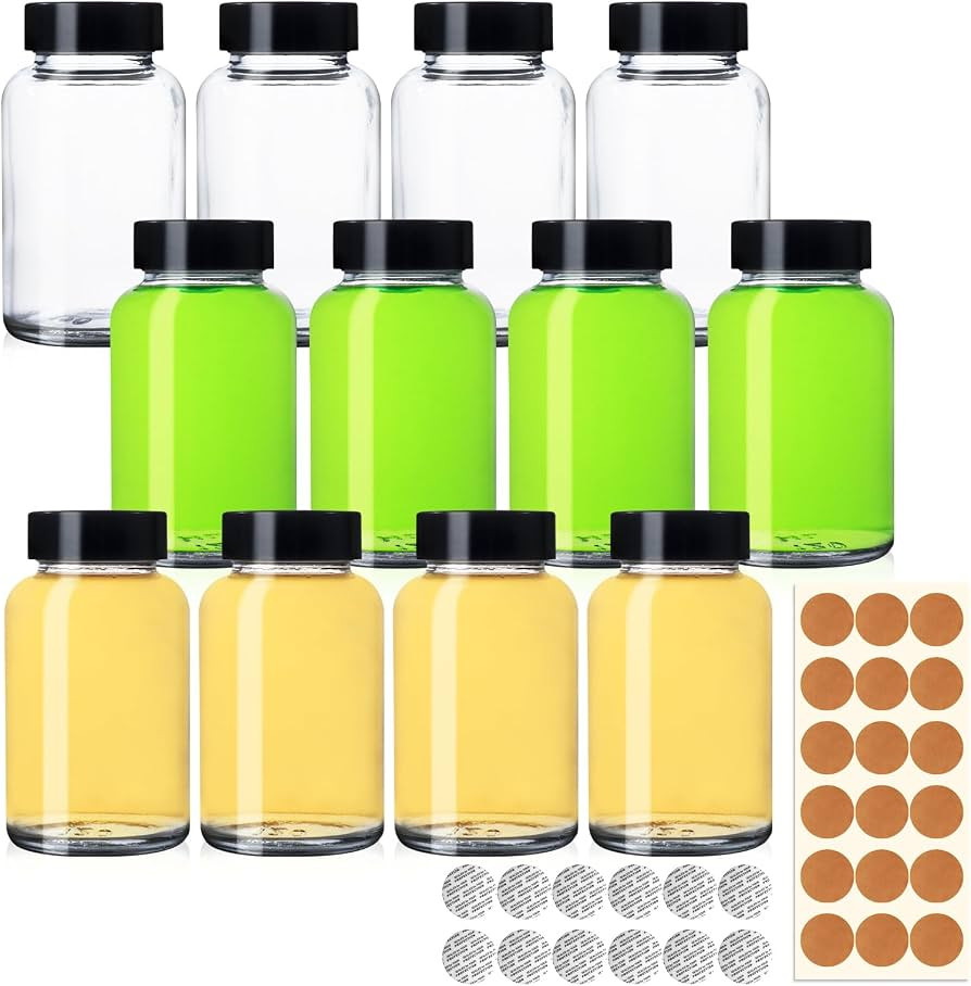 4 OZ Glass Shot Bottles with Caps, 12 Pack 120 ML Empty Juicing Bottles with Screw Lids and Label... | Amazon (US)