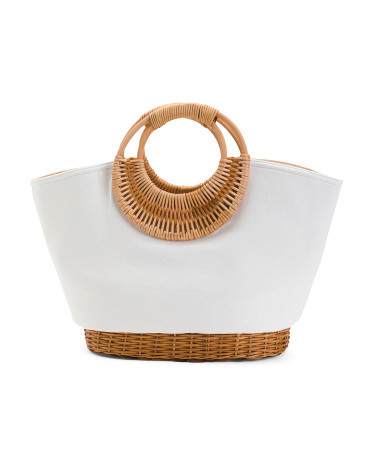 Handmade Rattan And Linen Blend Medium Tote | TJ Maxx