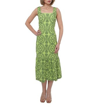 Rose Eyelet Embroidered Print Square Neck Sleeveless Fit and Flare Midi Dress | Dillard's