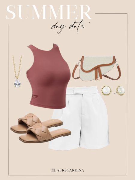 Summer day date outfit inspiration! Pair a maroon tank with white trouser shorts, tan slides sandals, a pendant necklace, pearl earrings, and a crossbody saddle bag.

Ootd, date night, summer outfit, amazon fashion

#LTKshoecrush #LTKfindsunder50 #LTKstyletip