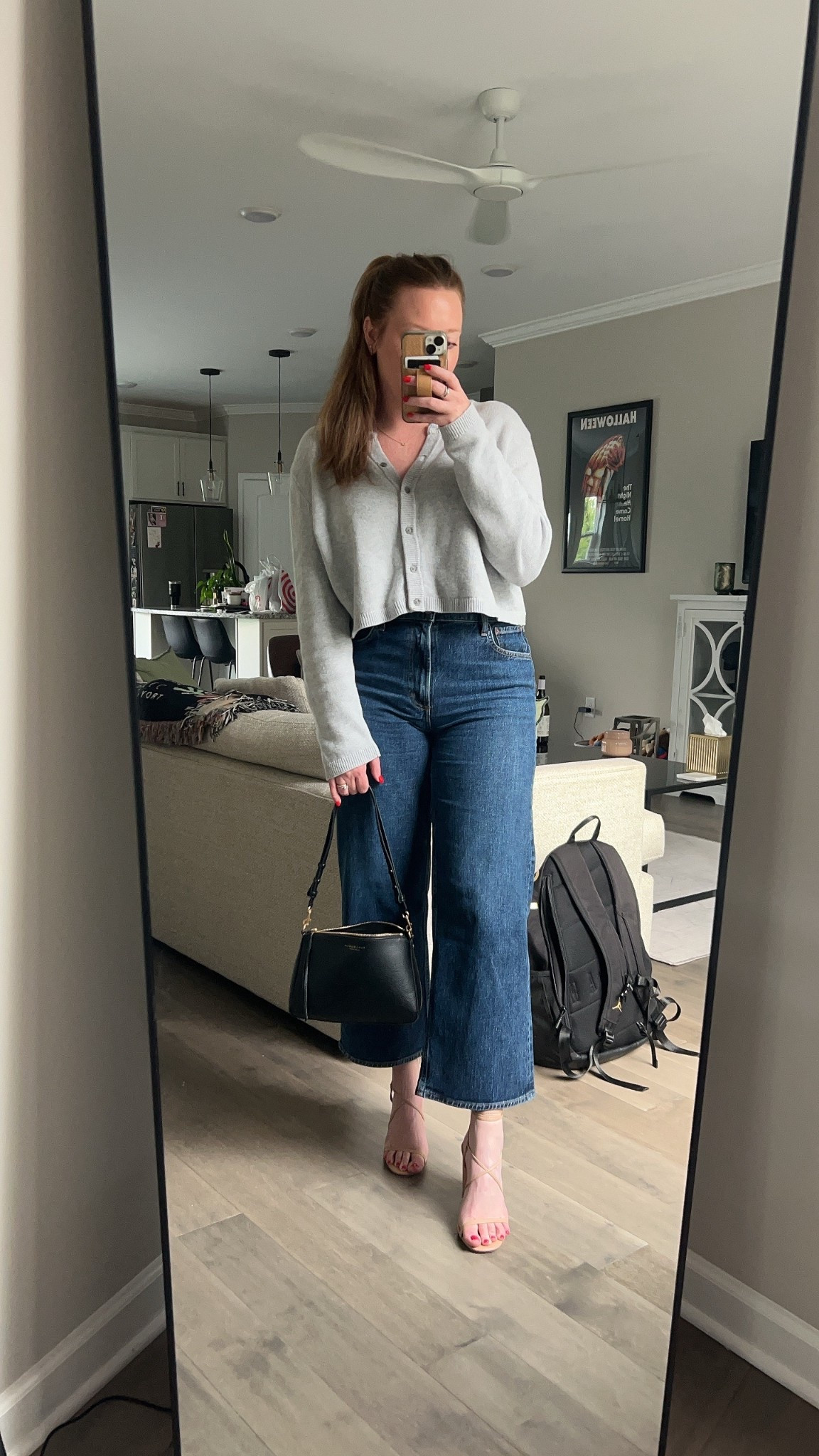 Cropped cardigan / tts wearing a medium 
Wide leg cropped jeans / tts wearing a 29
Black shoulder bag

#LTKdayinmylife #LTKSaleAlert #LTKootd
