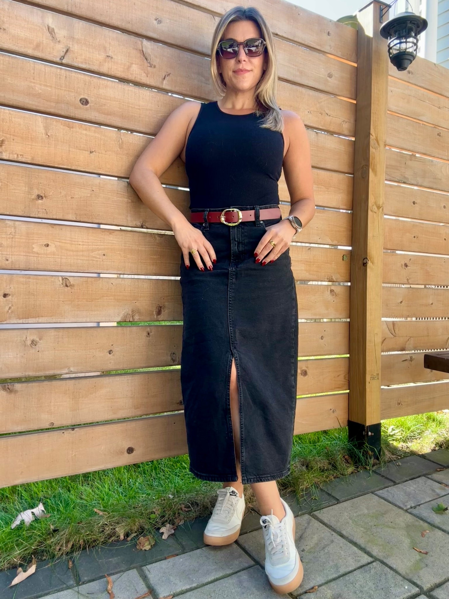Gap Denim Skirt under $30
Burgundy Belt
Nike Killshot Smeakers
Gold hoops
Black bodysuit 
#ootd #denim #sneakers

#LTKShoeCrush #LTKFindsUnder50 #LTKPetite