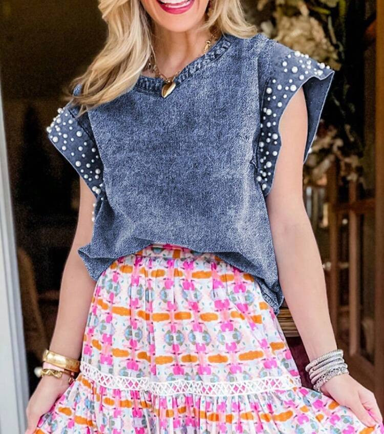 Dusk Blue Acid Wash Pearl Embellishments O-Neck Denim Top | SHEIN