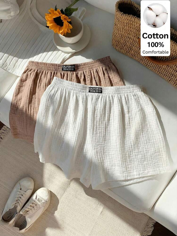 Comfortcana 2pcs 100% Cotton Women Letter Jacquard Wide Leg Shorts Set, Summer Shorts | SHEIN