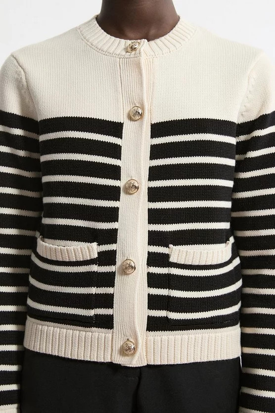 Cotton Cropped Knit Boxy Striped Cardigan | Karen Millen UK + IE + DE + NL