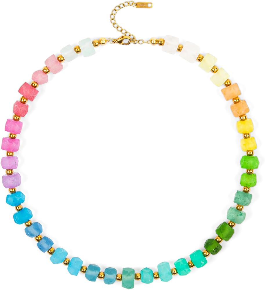 Chunky Beaded Necklace for Women - Handmade Recycled Glass, 18K Gold Plated or Silver Toned Stain... | Amazon (US)