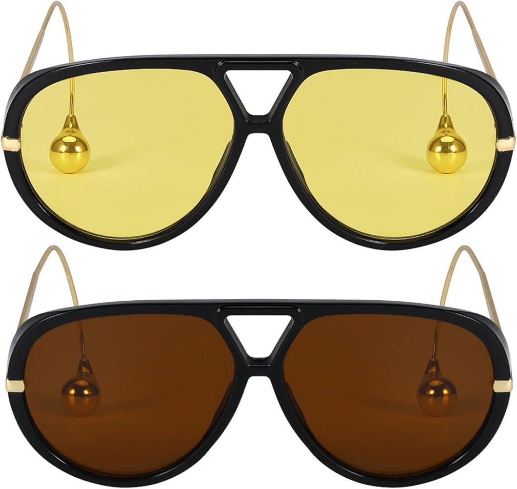 SODQW 2 Pack Oversized Aviator Sunglasses for Women Men With Earring Trendy Large Big Double Brid... | Amazon (US)