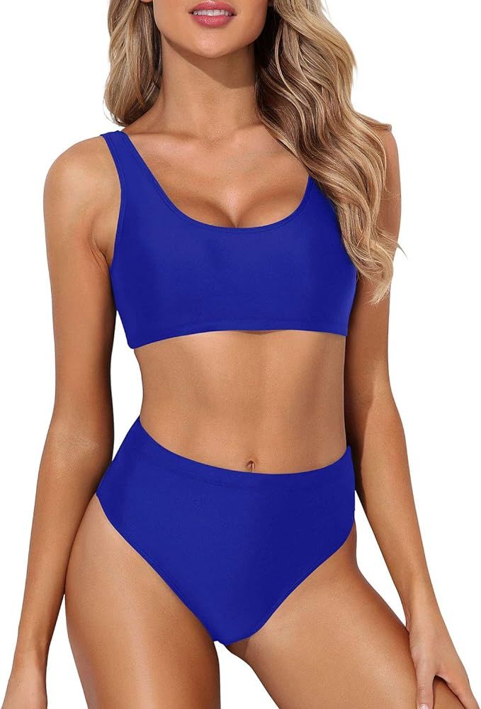 Women Scoop Neck Bikini Crop Top High Cut Two Piece Swimsuit Sporty High Waisted Bathing Suit | Amazon (US)