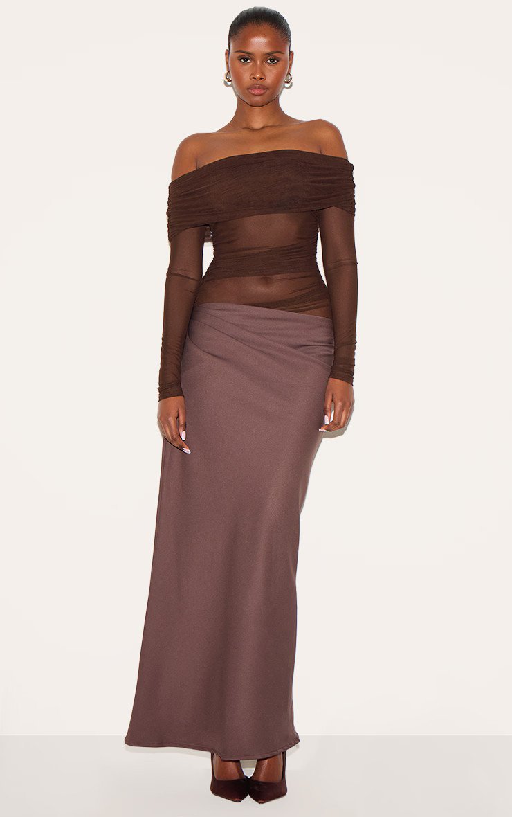 Chocolate Satin Mesh Detail Bardot Maxi Dress | PrettyLittleThing US