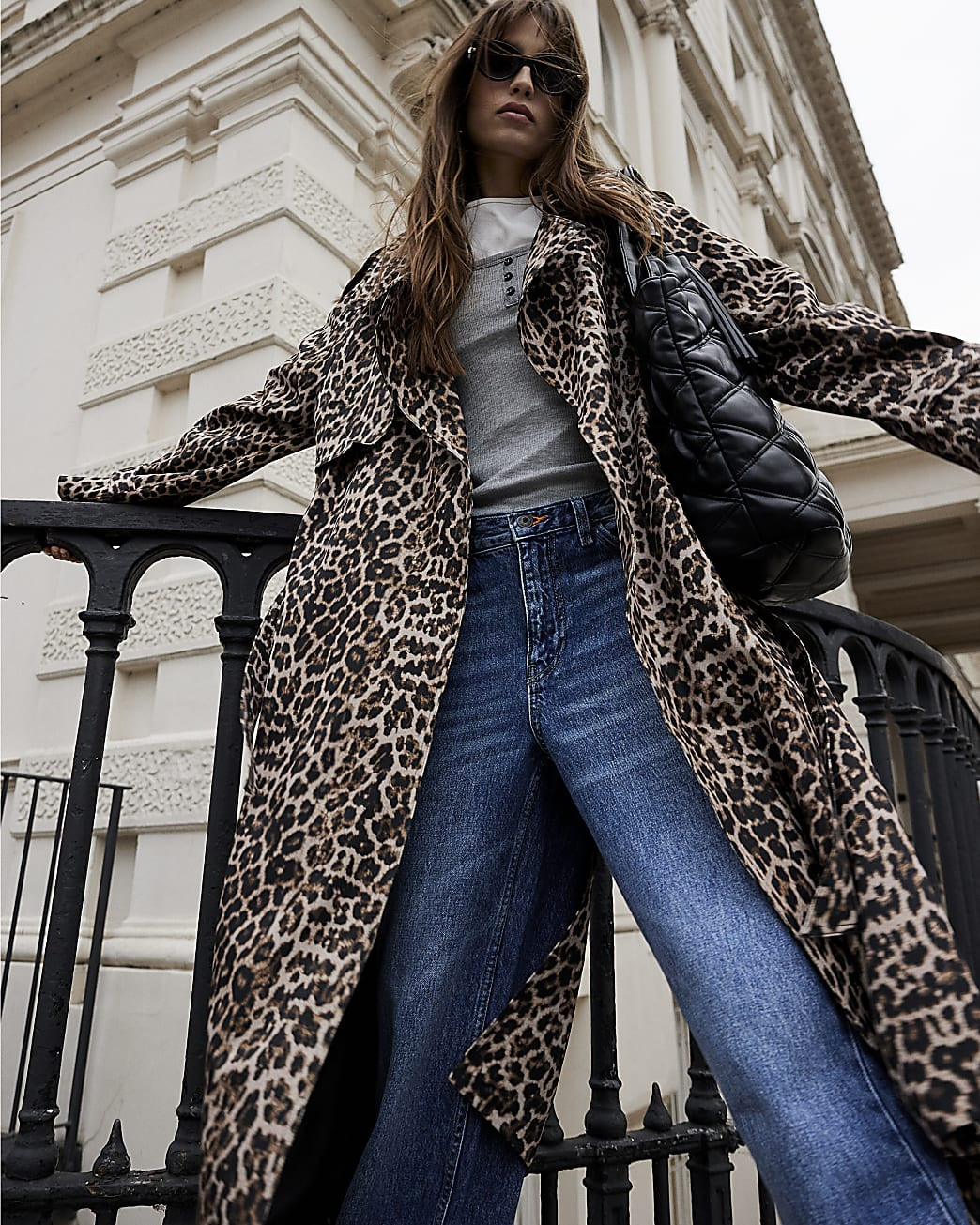 Brown Waterfall Leopard Long Duster Coat | River Island UK & IE