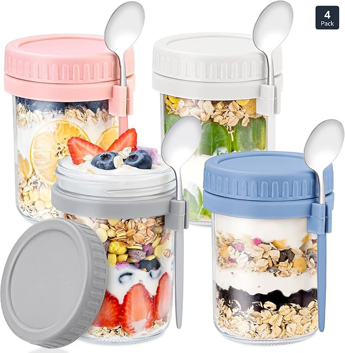4 Pack Overnight Oats Containers with Lids and Spoons - DRKIO 16 Oz Glass Mason Jars for Overnigh... | Amazon (US)