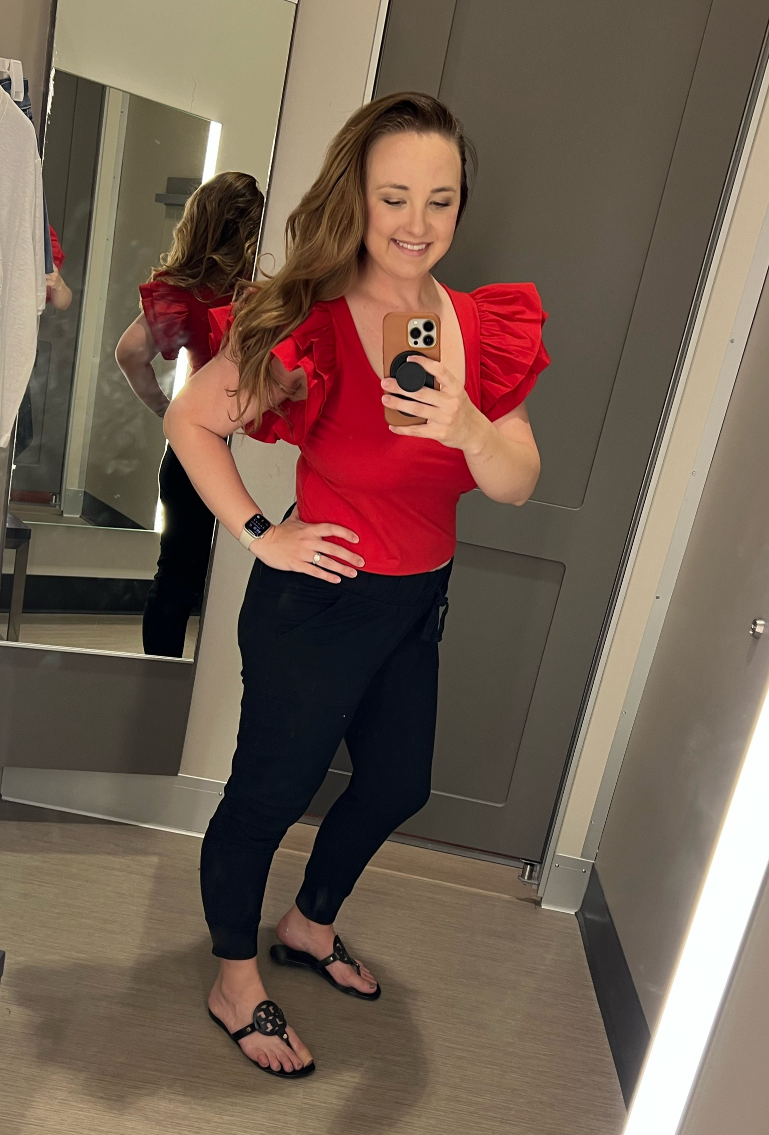 This Ruffle sleeve top from Target is only $15! Can be dressed up for work or dressed down with jeans/shorts. I’m already feeling 4th of July vibes! (Ignore my casual joggers 😆)

Size: M

Ruffle sleeve top | red top | Fourth of July | frilly sleeves | work top | professional | cute outfit