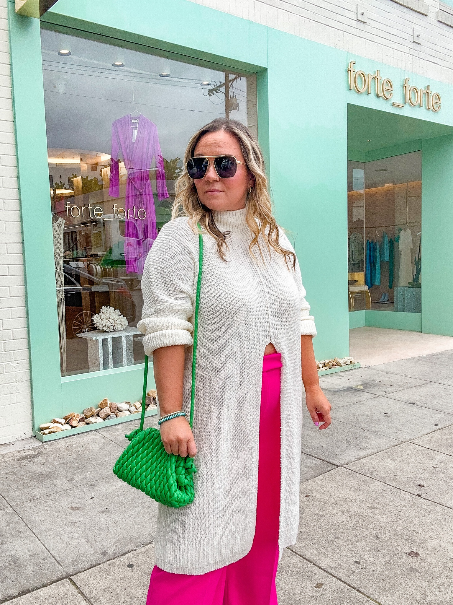 Free People sweater 
Size down 1-2 it runs of oversized. In a medium but could do a small comfortably 
Express trouser size 12 short 

#LTKover40 #LTKCyberWeek #LTKmidsize