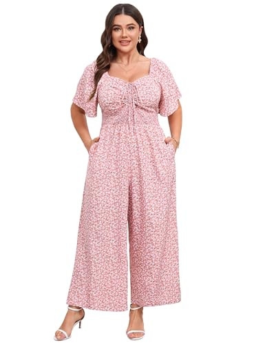 Yesfashion Womens Plus Size Casual Summer Jumpsuits Sweetheart Neck Ruffle Short Sleeve Smocked Tie Front Wide Leg Rompers with Pockets Pink Floral 2XL | Amazon (US)