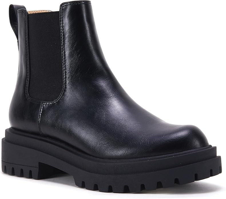 Womens Lug Sole Low Chunky Block Heel Chelsea Fashion Ankle Bootie Double Elastic Round Toe Slip ... | Amazon (US)