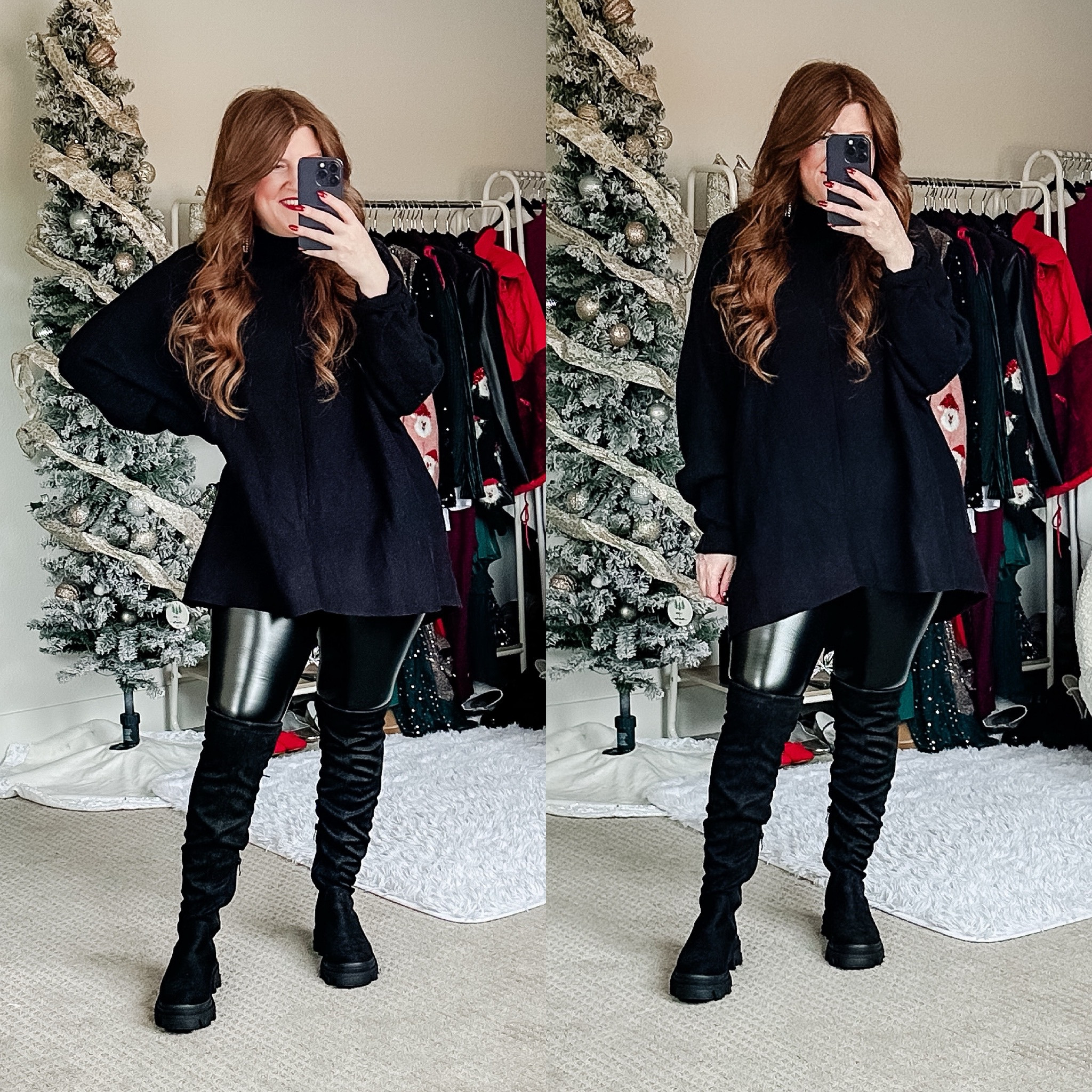 Pleather leggings from Amazon wearing size large. 

Winter outfit. Leggings outfit. 

#LTKsalealert #LTKstyletip #LTKfindsunder50