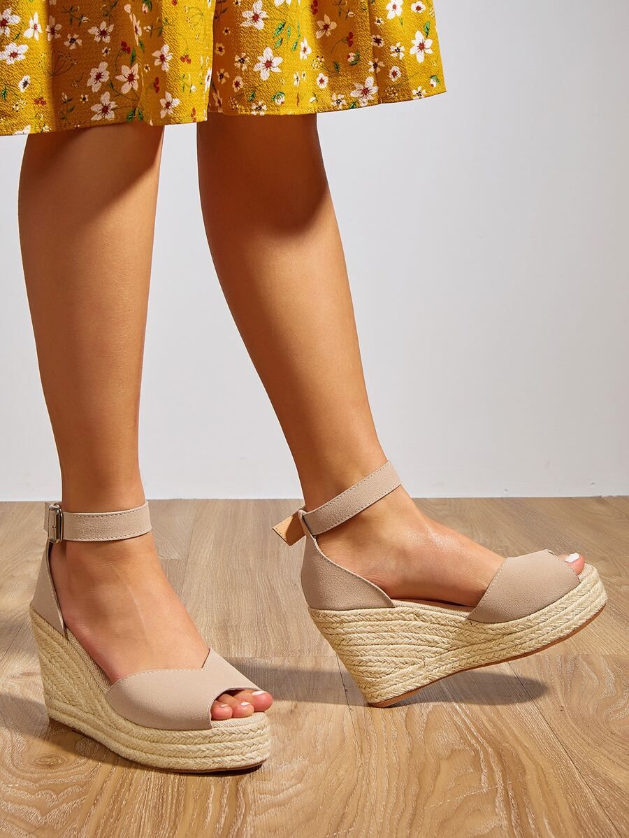 Peep Toe Ankle Strap Espadrille Wedge Sandals | SHEIN