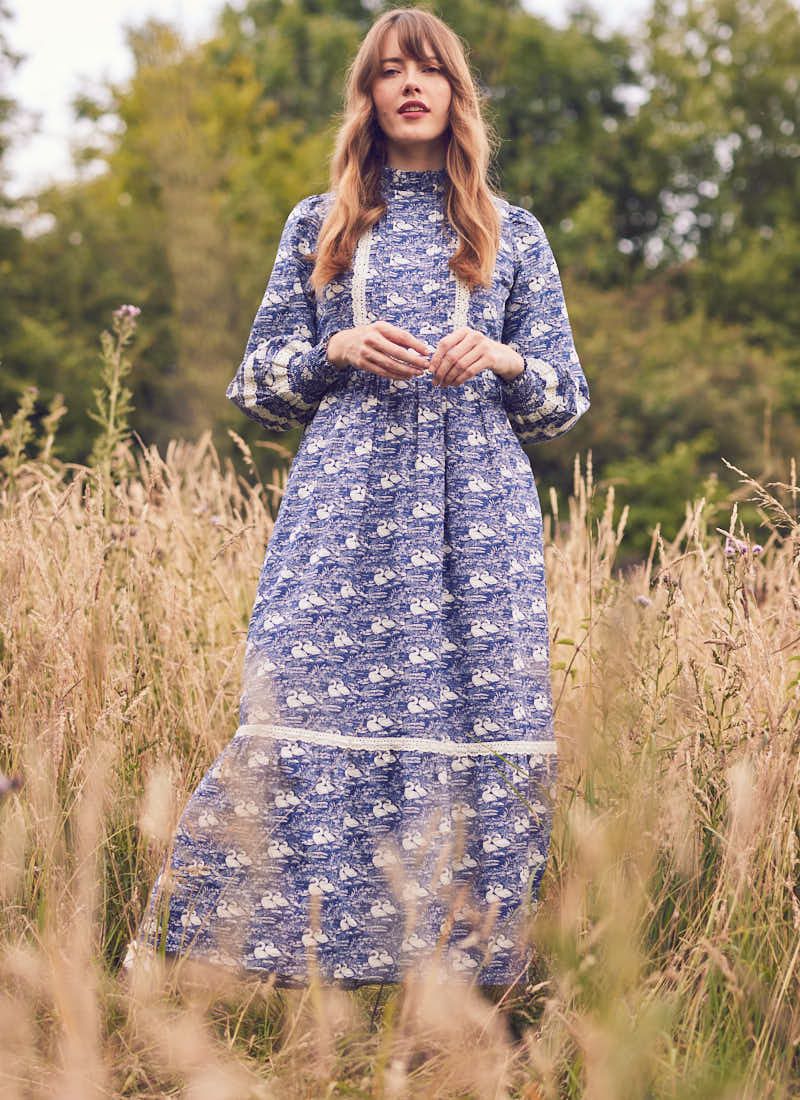Laura Ashley X Joanie - Avalon Antique Swans Print High Neck Prairie Dress | Joanie