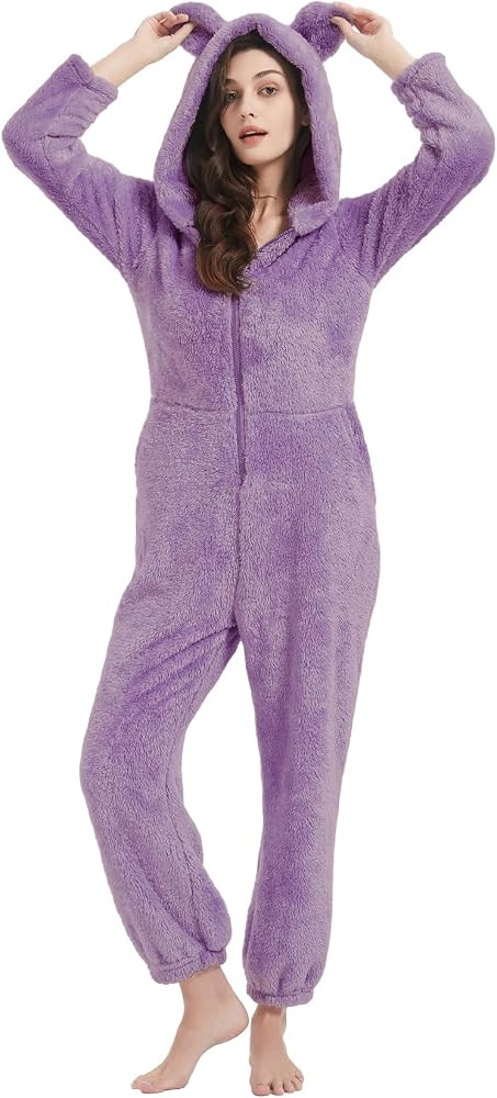 PEHMEA Women's Onesie Pajamas Sherpa Plush Hooded Winter Sleepwear Romper | Amazon (US)