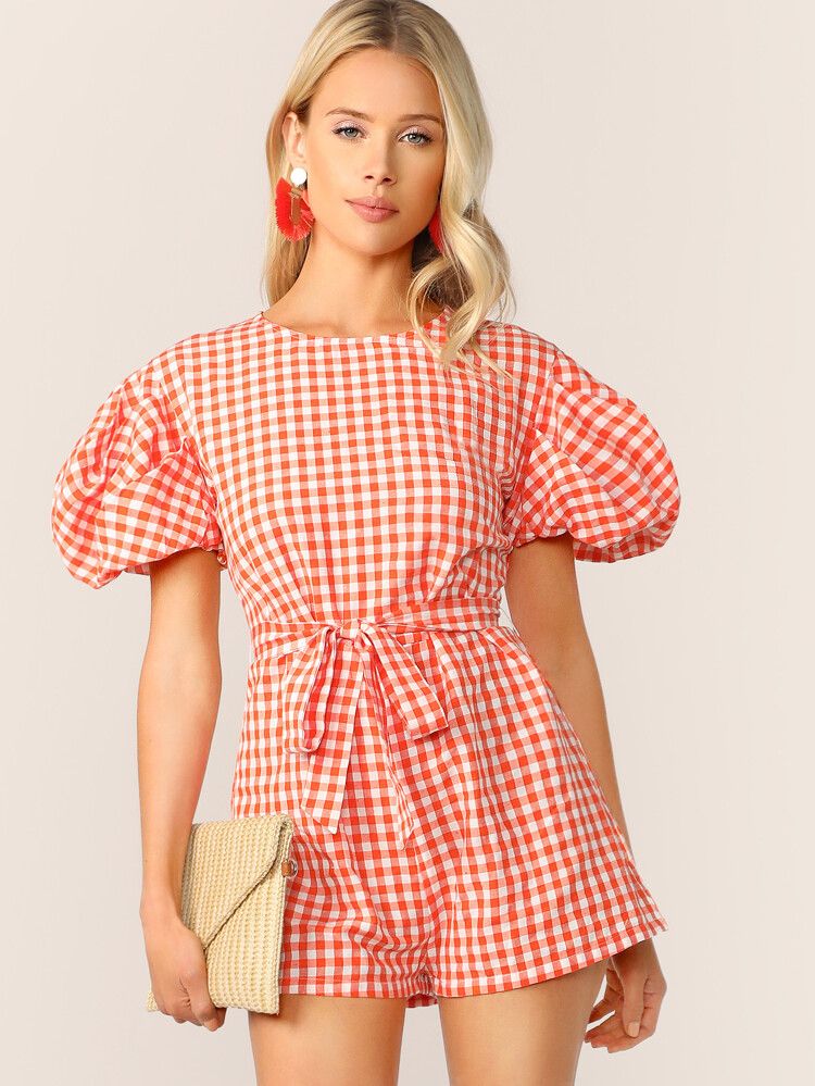 Exaggerate Puff Sleeve Self Belted Gingham Romper | SHEIN