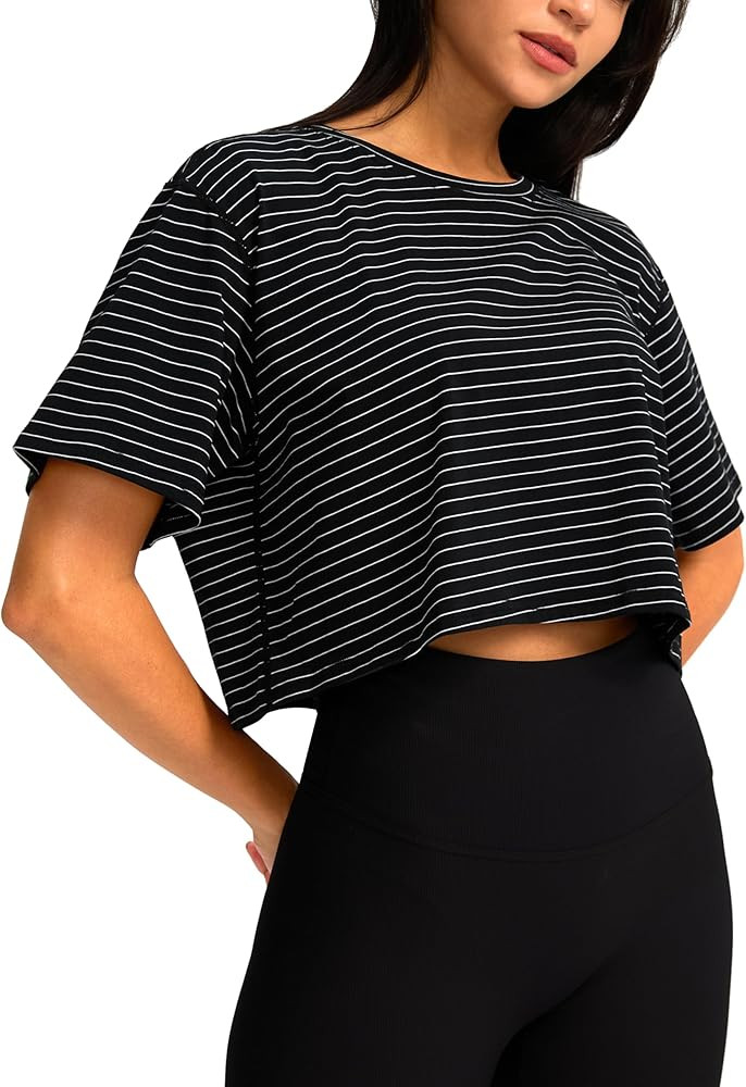 SANTINY Cotton Crop Workout Tops for Women Short Sleeve Running Shirts Cropped T-Shirt Yoga Athle... | Amazon (US)