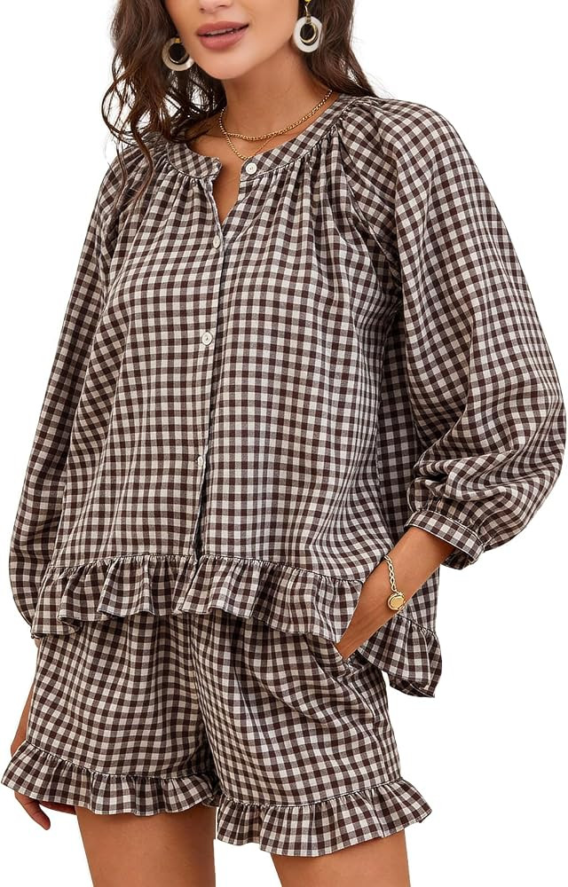 Flygo Womens Gingham 2 Piece Pajama Sets Y2K Cotton Ruffle Short Sets | Amazon (US)