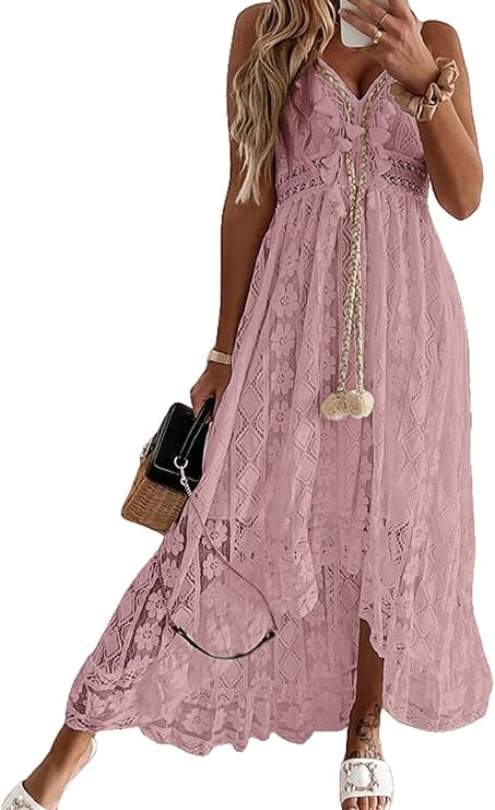 CUPSHE Women's Maxi Dress Lace Dresses Boho Tassel V-Neck Flare Ruffle Adjustable Straps Beach Su... | Amazon (US)