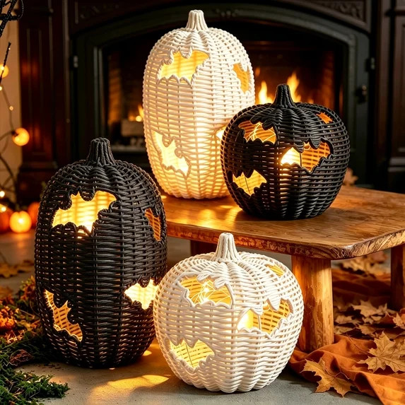 8.7" Halloween Woven Pumpkin Lantern with Witch Hat Lid - Hand-Woven Rattan Pumpkin Lantern Light... | Walmart (US)