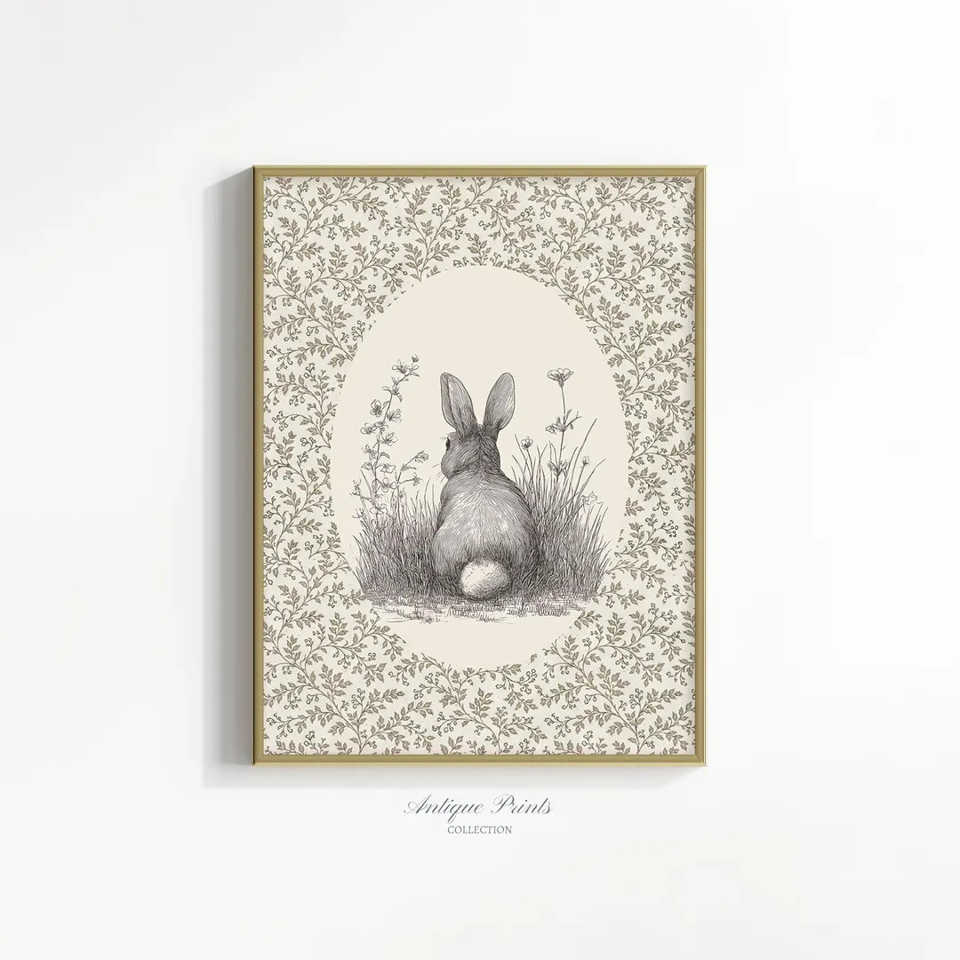 Easter Bunny Printable Wall Art: Floral Print, Rabbit Sketch Art, Neutral Spring Decor (Digital D... | Etsy (US)