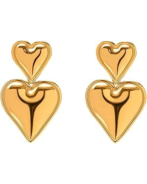Heart Drop Earrings Double Heart Statement Dangle Earrings for Women Gold Silver | Amazon (US)