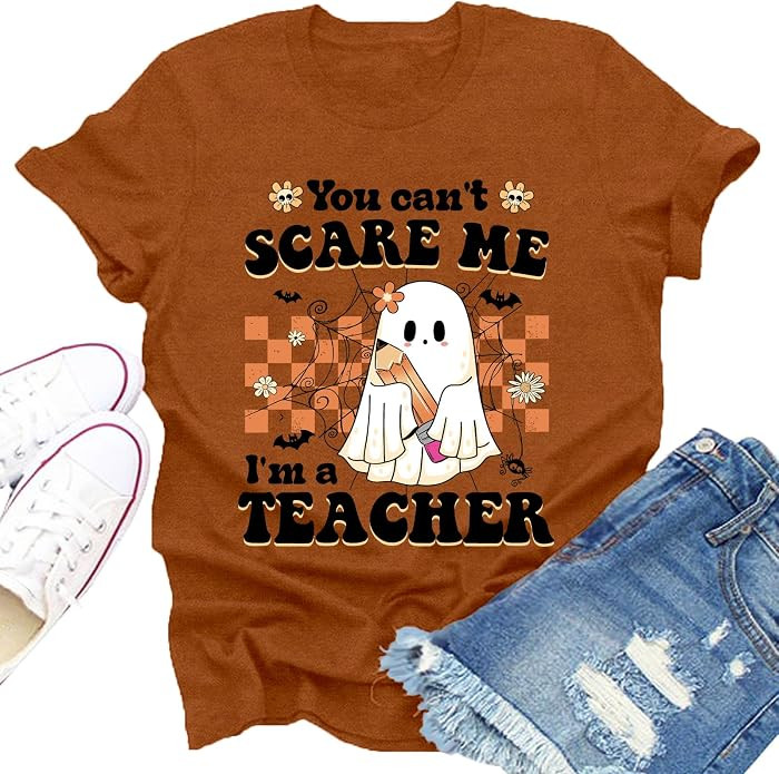 Halloween Teacher Shirts for Women Spooky Pencil Ghost Graphic Tee | Amazon (US)