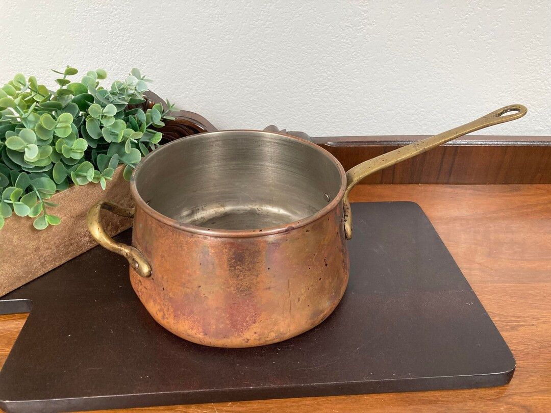 Vintage Copper Saucepan, copper pot, brass handles, long brass handle | Etsy (US)