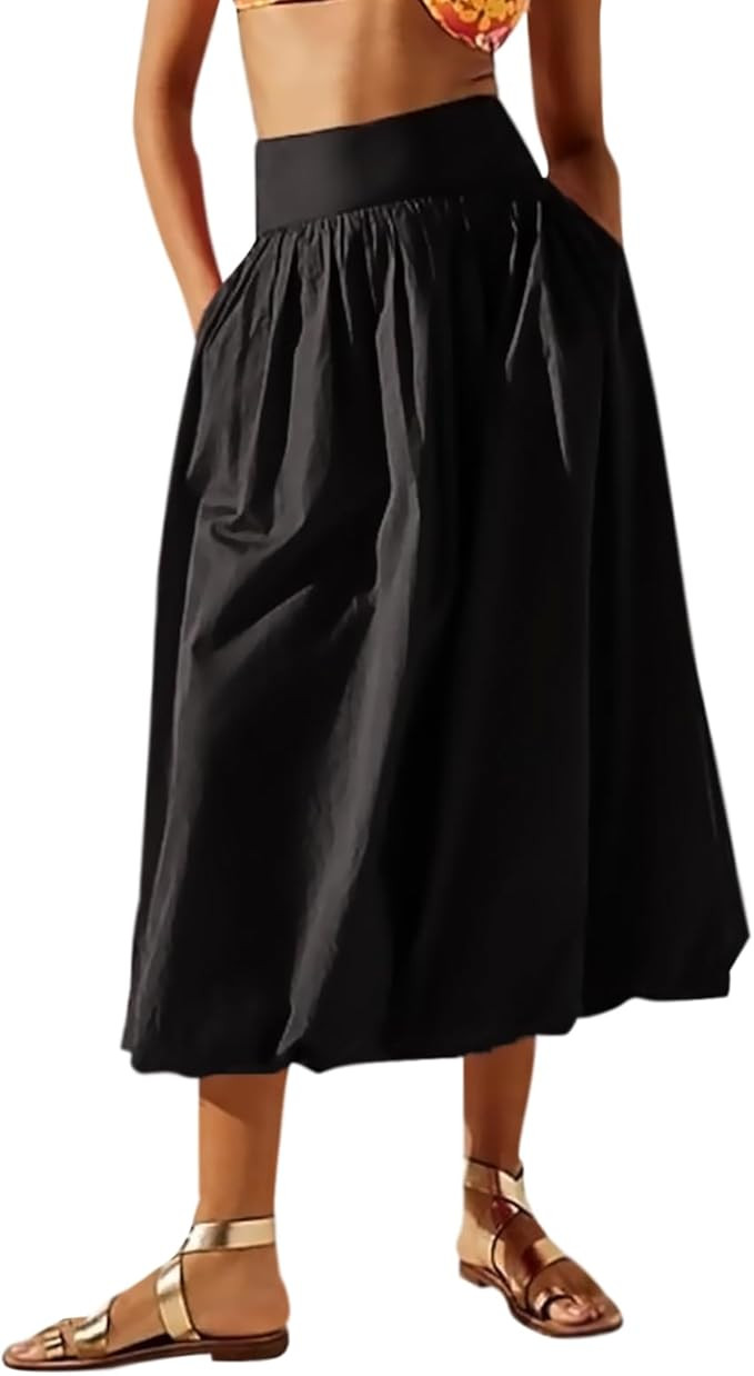 Women Y2k Bubble Maxi Skirt Summer Elastic Low Waist A Line Long Skirt Casual Fairy Ruffle Pleate... | Amazon (US)