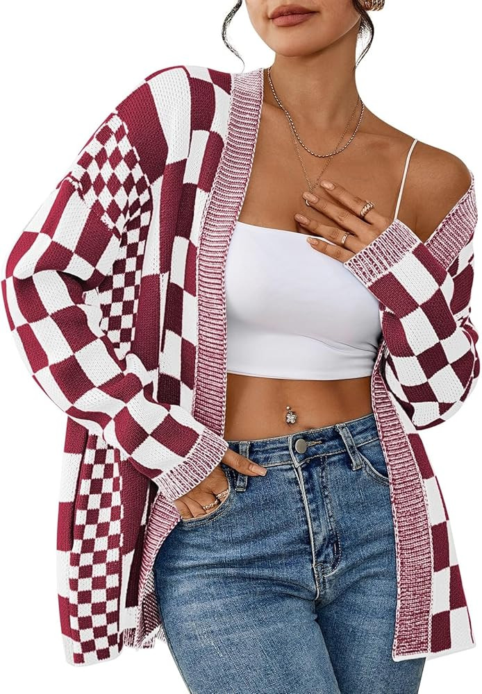 Pink Queen 2025 Checkered Cardigan Sweaters for Women Casual Long Sleeve Plaid Knit Outwear Coats... | Amazon (US)