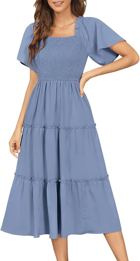 Zattcas Womens Smocked Flutter Sleeve Dress Square Neck Ruffle Tiered Midi Dress | Amazon (US)
