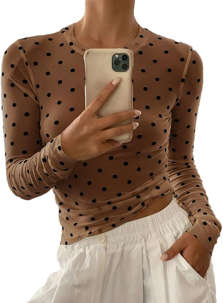 Women Trendy Crew Neck Polka Dot Sheer Mesh Blouse Sexy Slim Fit Long Sleeve See Through Crop Shi... | Amazon (US)