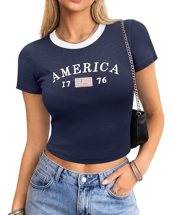Clarisbelle Women's 4th of July Crop top American Flag Embroidery Y2K USA Patriotic Ribbed Short ... | Amazon (US)