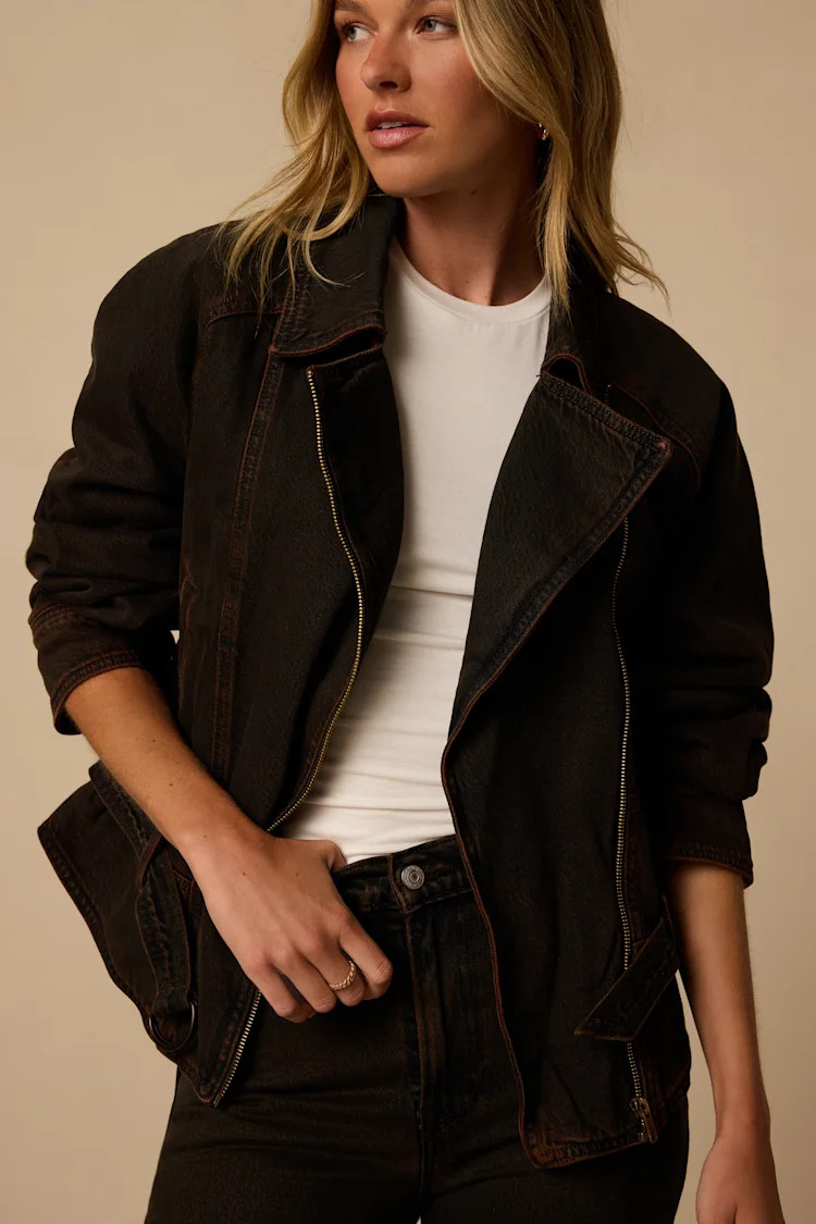 80's Bomber Dark Brown Denim Jacket | Lulus