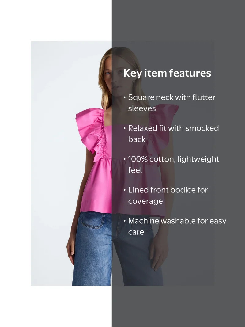 Free Assembly Women's Square Neck Cotton Top with Flutter Sleeves, Sizes XS-XXL | Walmart (US)