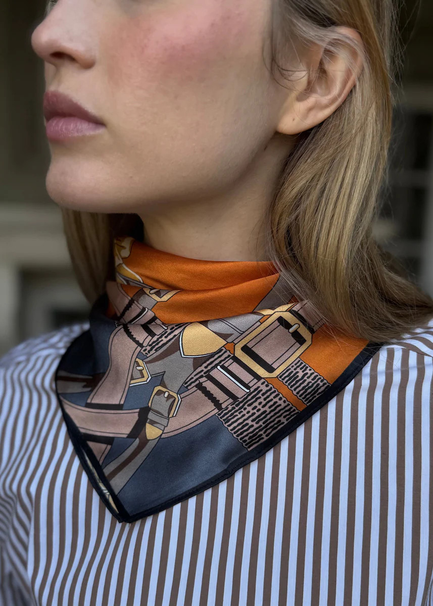 Barry Abstract Belt Print Silk Scarf - Orange and Navy | Benaar La