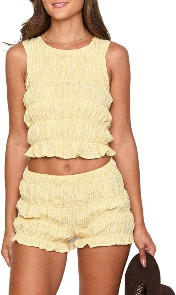 Women Y2k 2 Piece Smocked Shorts Set Shirred Tiered Tank Tops Ruffle Ruched Mini Blommers Going O... | Amazon (US)