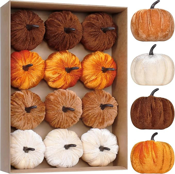 Super Holiday 12PCS Artificial Velvet Pumpkins Decor, 4 Colors Foam Faux Flocked Pumpkins Decorat... | Amazon (US)