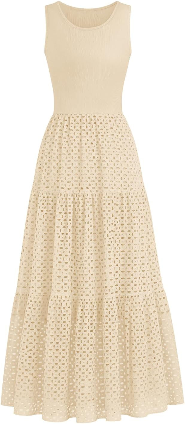 Lazysmile Womens Summer Dresses Crewneck Sleeveless A-Line Hollow Out Eyelet Tiered Tank Maxi Dre... | Amazon (US)