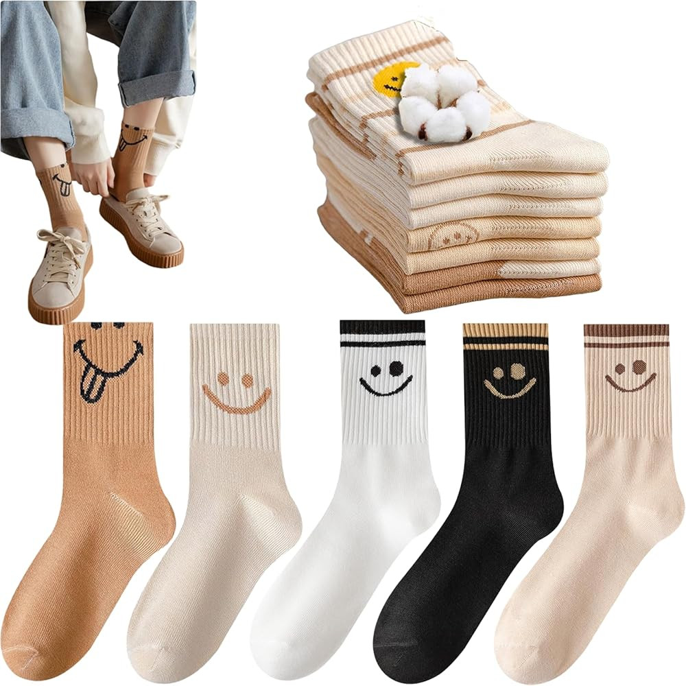 5 Pairs Cute Women Fun Smile Face Ankle Sock Knitted White Novelty Comfy Cotton Girl Dress Funny ... | Amazon (US)