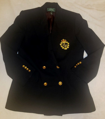 Vintage Ralph Lauren Crown Crest Double Breasted Blazer Jacket in Black Sz 12  | eBay | eBay US