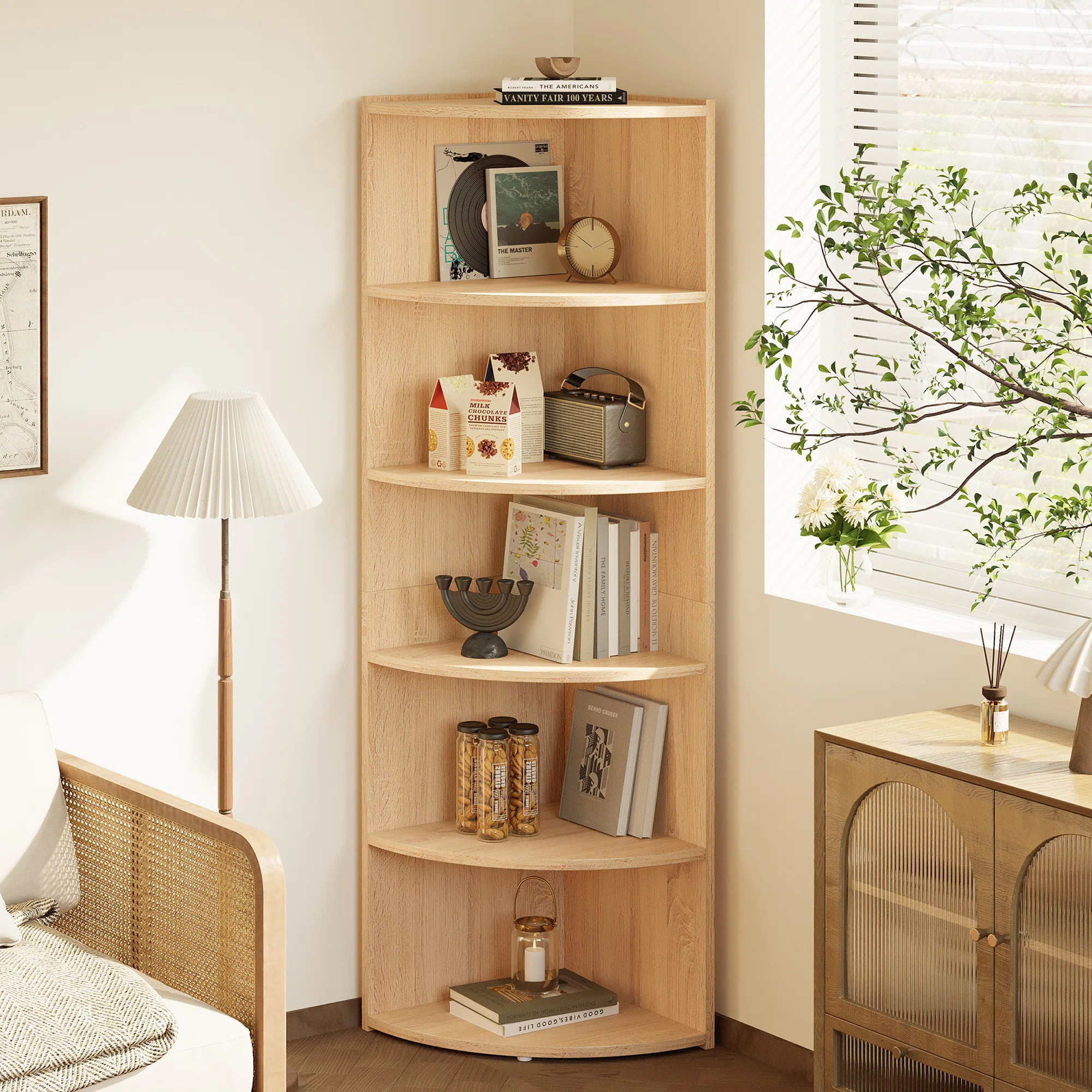 66.9'' H X 17.2'' W Wood Fan-Shaped Bookcase 6-Tier Storage Corner Shelf | Wayfair North America